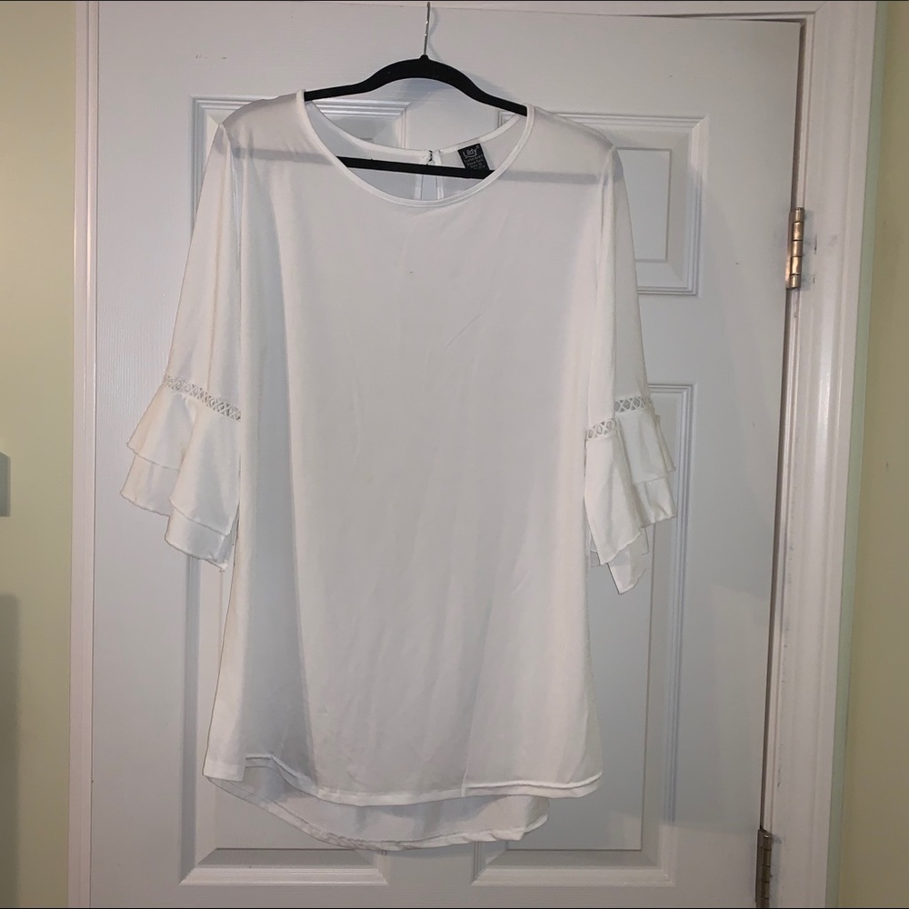 White Bell Sleeve Blouse/Top With Crochet Accent